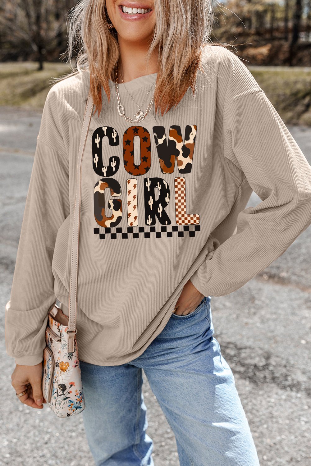 Smoke Gray Letter Print Corduroy Baggy Sweatshirt - MAD RUFFI