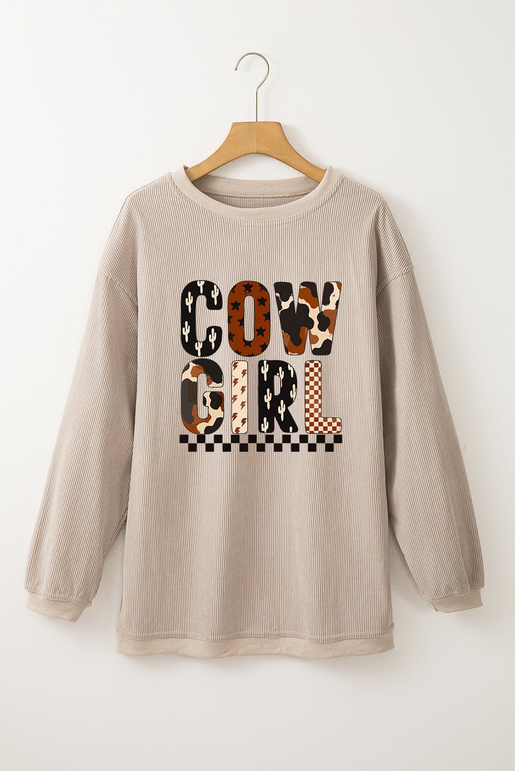 Smoke Gray Letter Print Corduroy Baggy Sweatshirt - MAD RUFFI