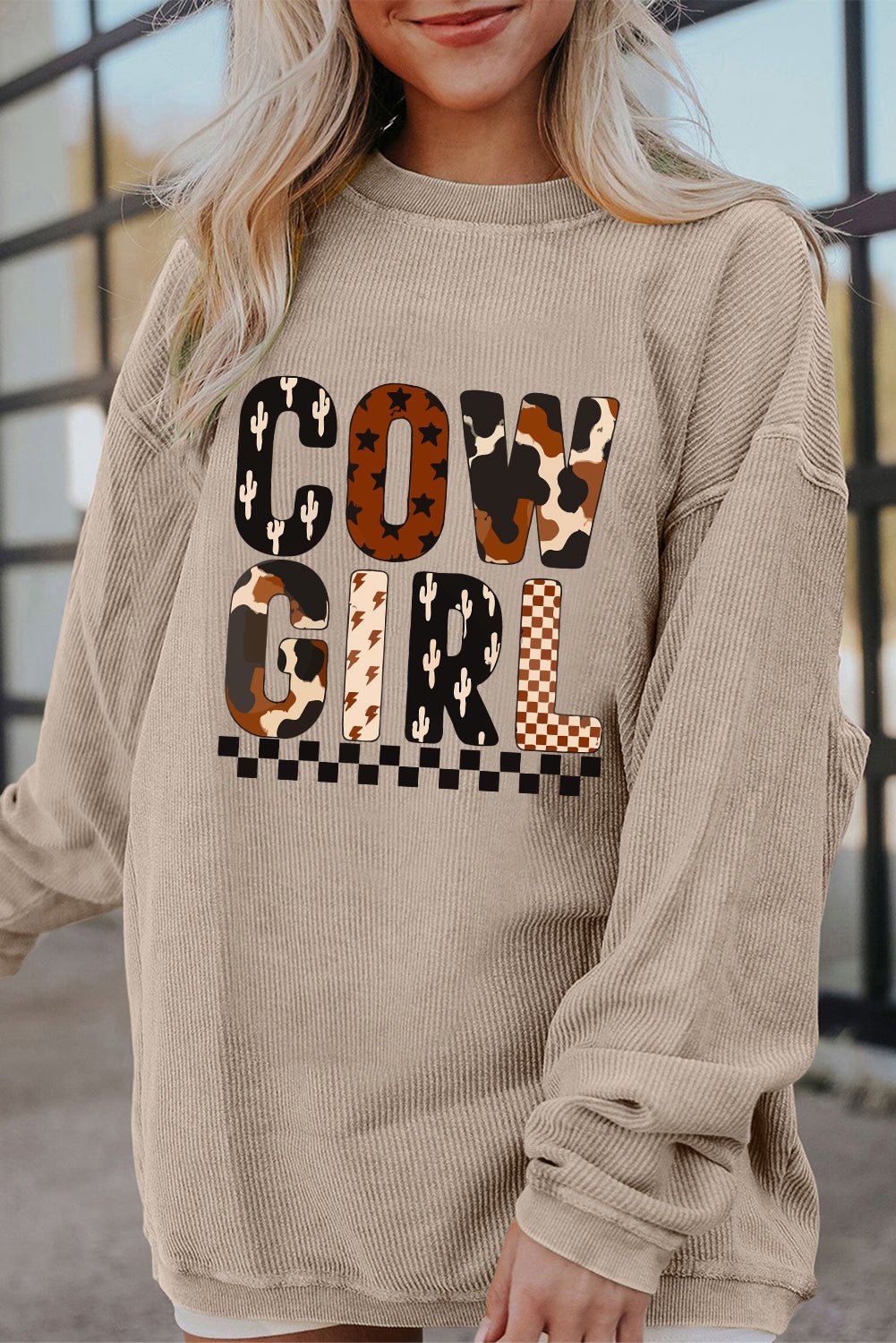 Smoke Gray Letter Print Corduroy Baggy Sweatshirt - MAD RUFFI