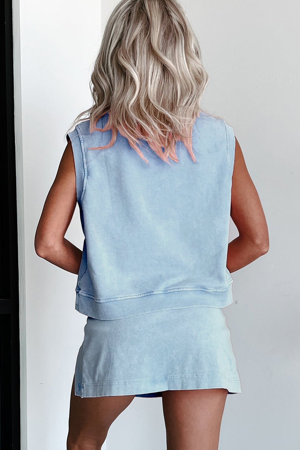 Smoke Gray Mineral Wash Sleeveless Top and Split Skort Set - MAD RUFFI