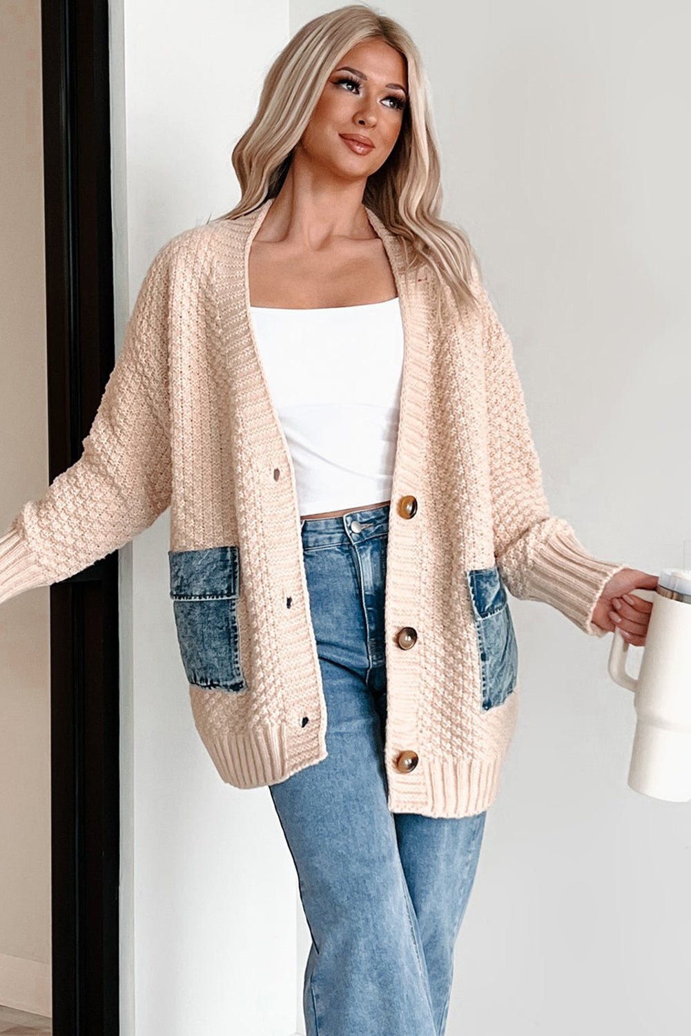 Smoke Gray Open Front Knitted Denim Pocket Patchwork Cardigan - MAD RUFFI