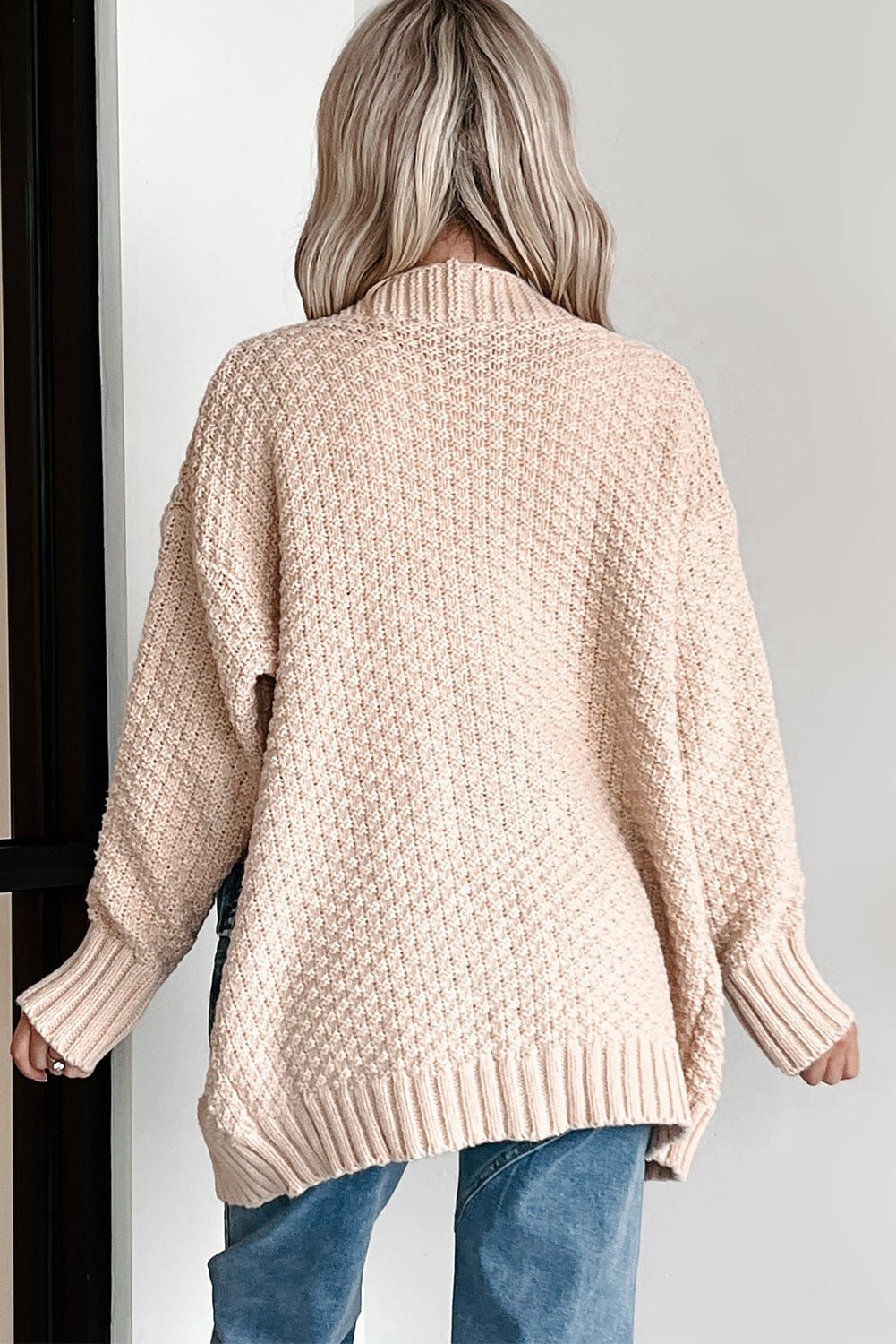 Smoke Gray Open Front Knitted Denim Pocket Patchwork Cardigan - MAD RUFFI