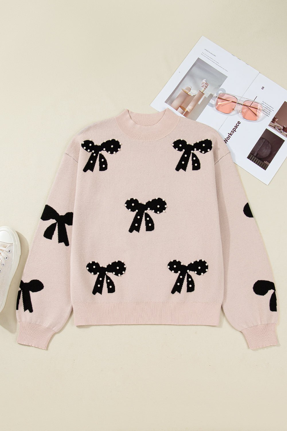 Smoke Gray Pearl Embellished Bow Pattern Loose Sweater - MAD RUFFI
