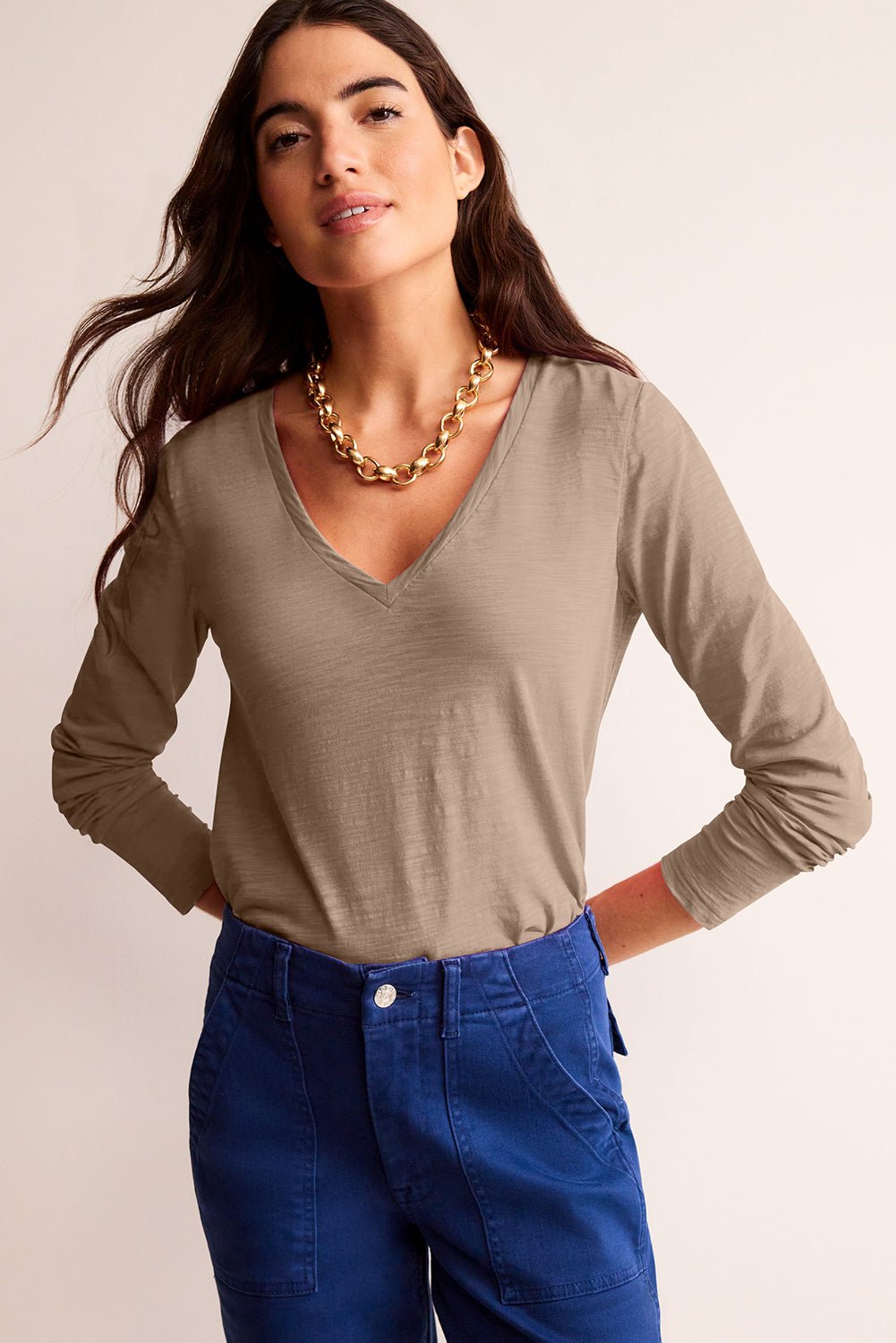 Smoke Gray Plain V Neck Long Sleeve Top - MAD RUFFI