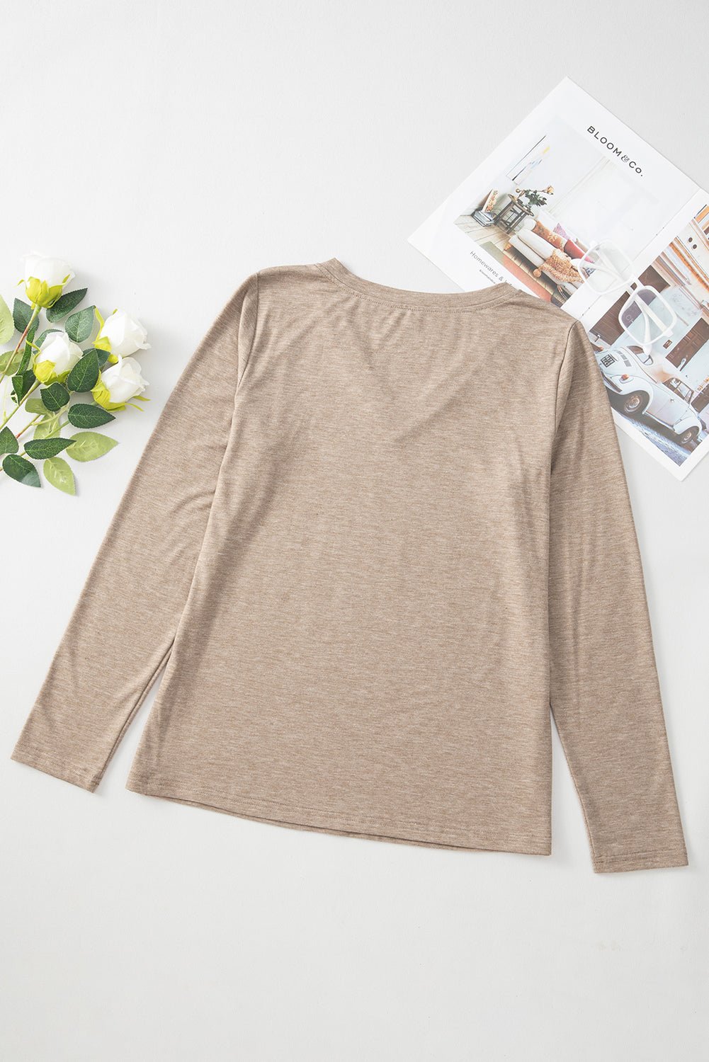 Smoke Gray Plain V Neck Long Sleeve Top - MAD RUFFI