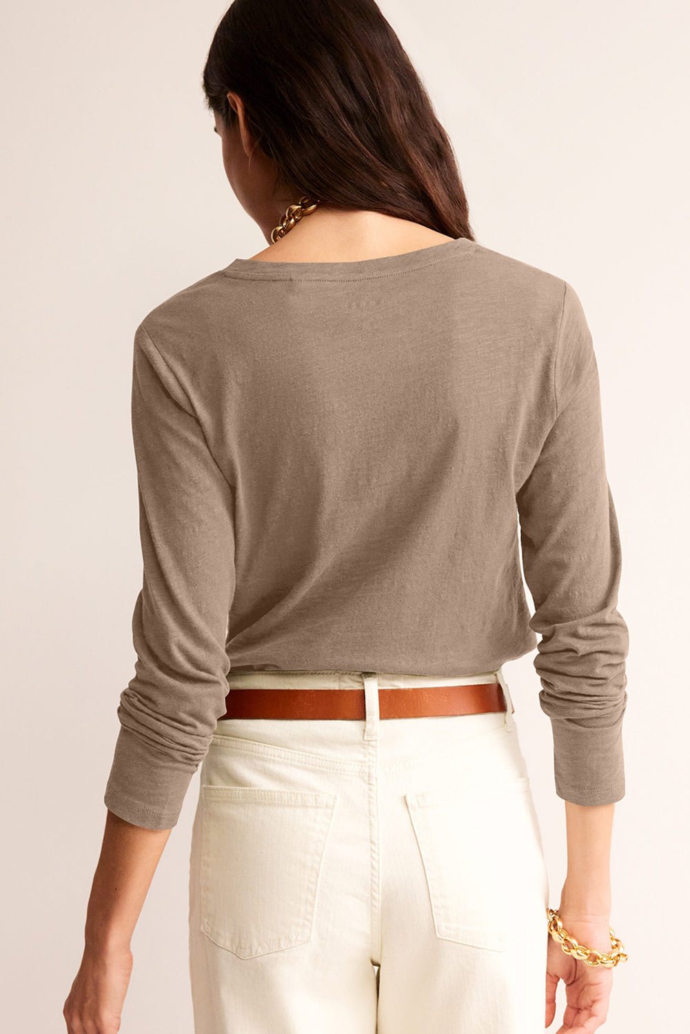 Smoke Gray Plain V Neck Long Sleeve Top - MAD RUFFI