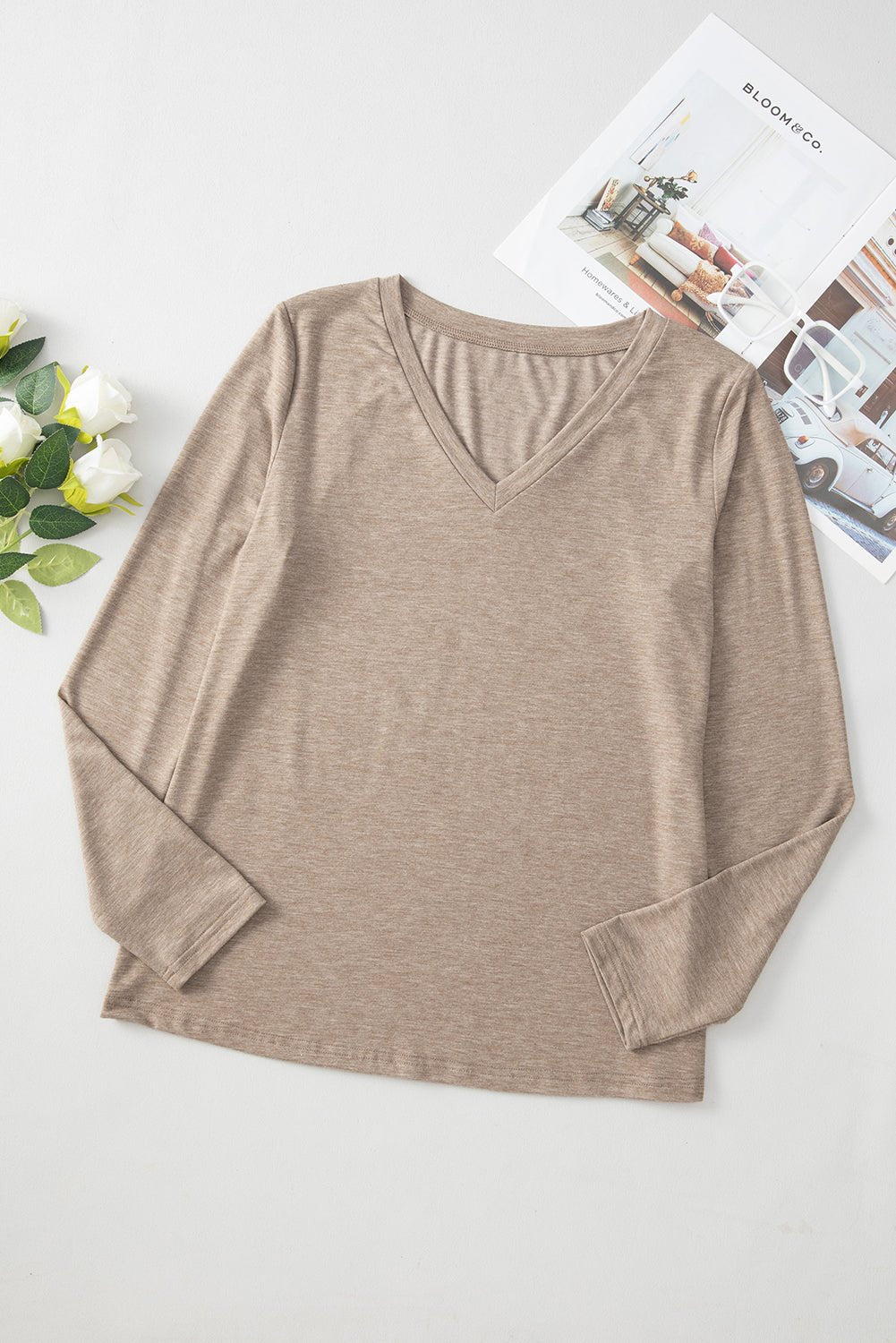 Smoke Gray Plain V Neck Long Sleeve Top - MAD RUFFI