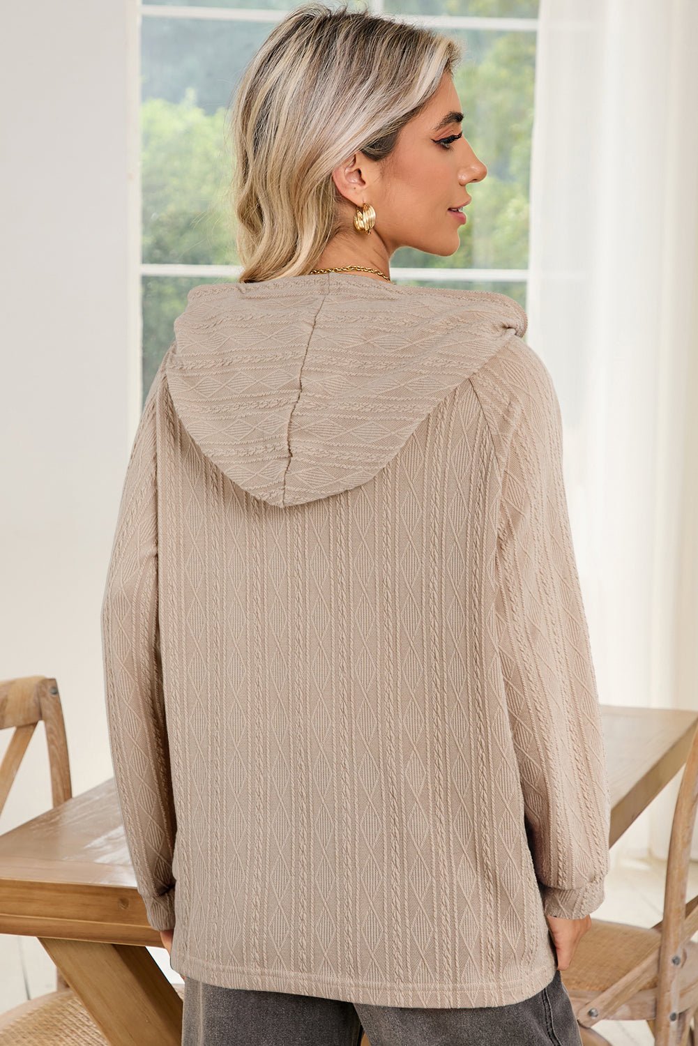 Smoke Gray Solid Color Textured Knit Drawstring Hoodie - MAD RUFFI