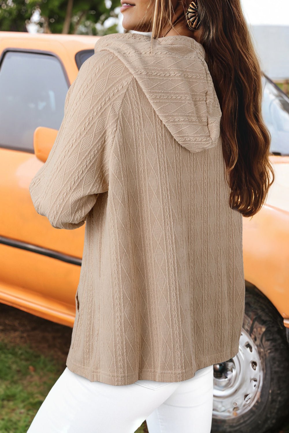 Smoke Gray Solid Color Textured Knit Drawstring Hoodie - MAD RUFFI