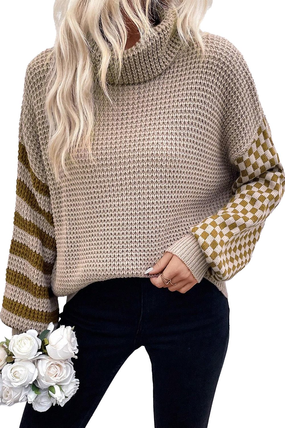 Smoke Gray Striped Plaid Patchwork Waffle Knit Turtleneck Sweater - MAD RUFFI