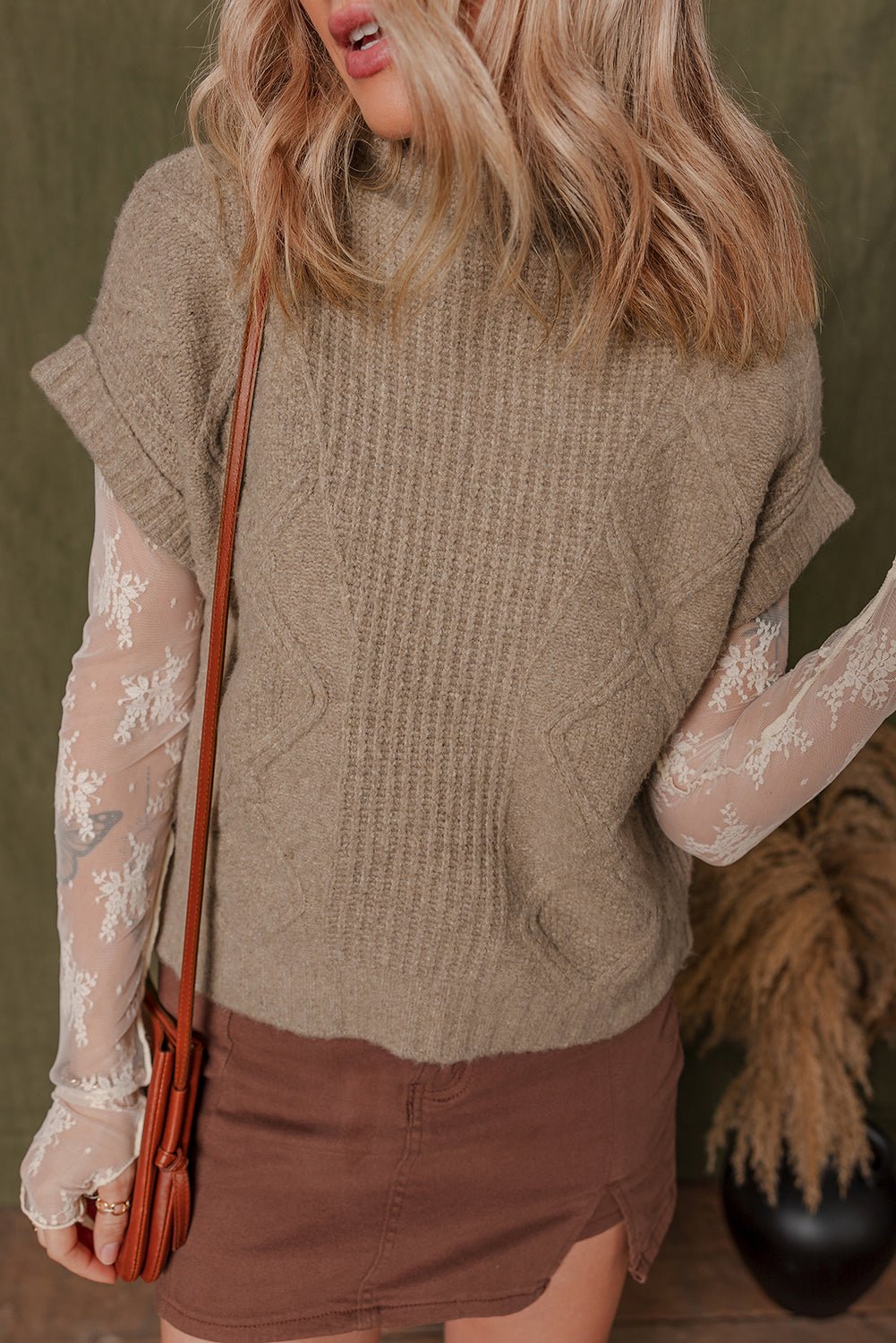 Smoke Gray Textured Knit Mock Neck Short Sleeve Sweater - MAD RUFFI