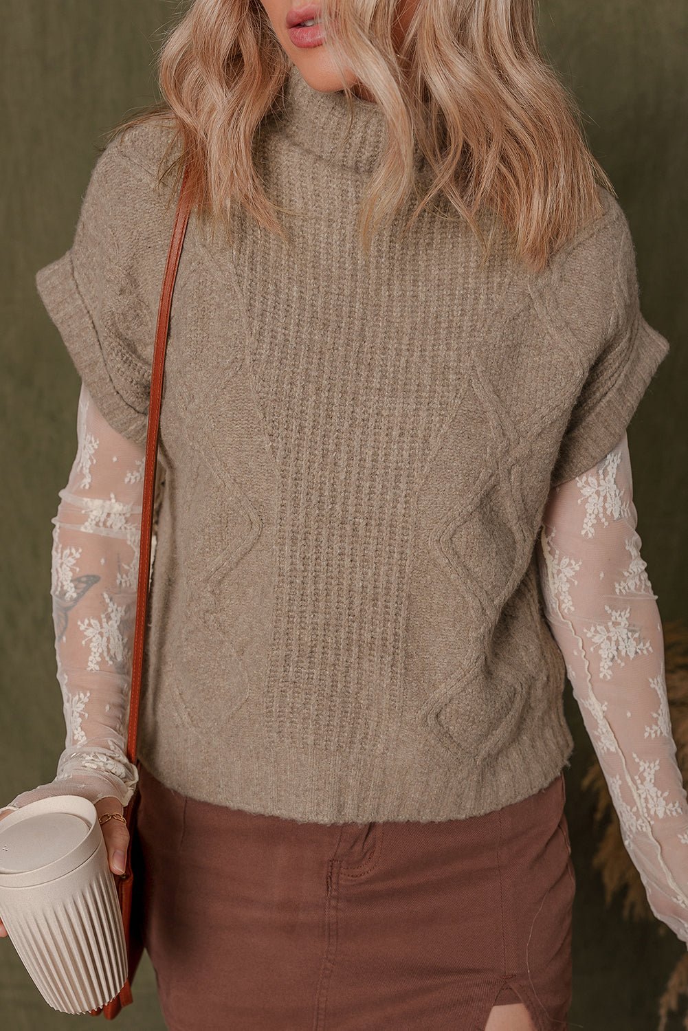 Smoke Gray Textured Knit Mock Neck Short Sleeve Sweater - MAD RUFFI