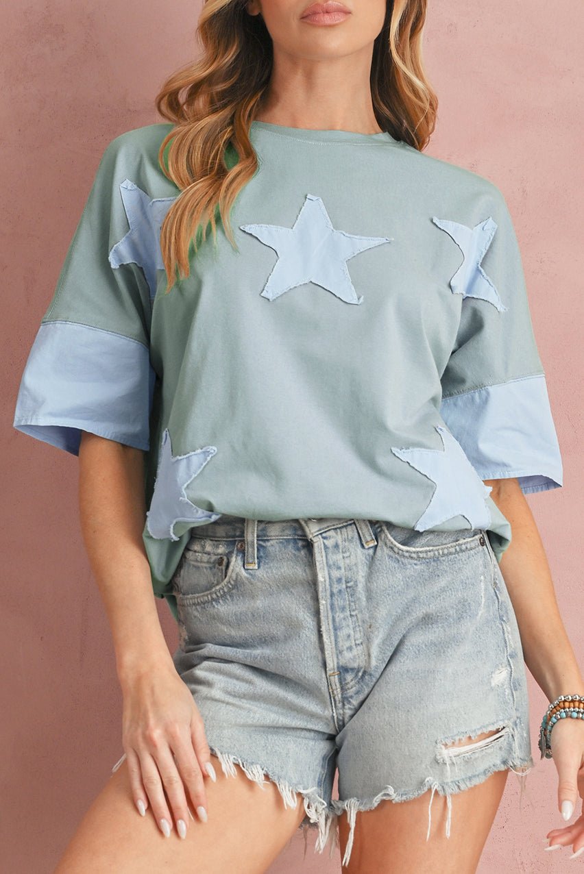 smoke green frayed denim star patched oversize t shirt - MAD RUFFI