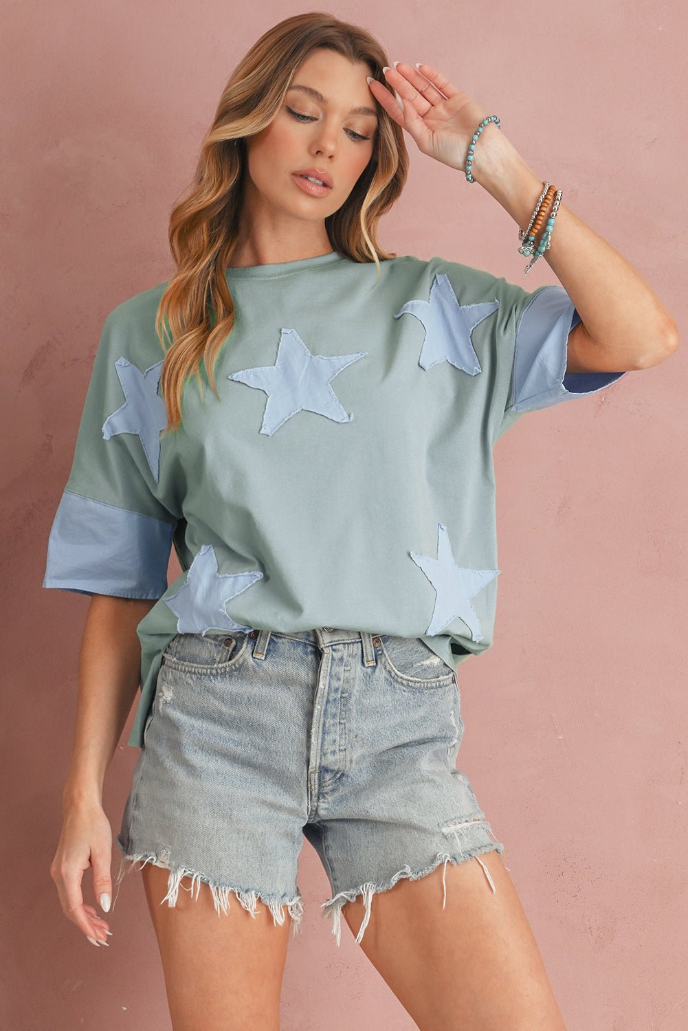 smoke green frayed denim star patched oversize t shirt - MAD RUFFI