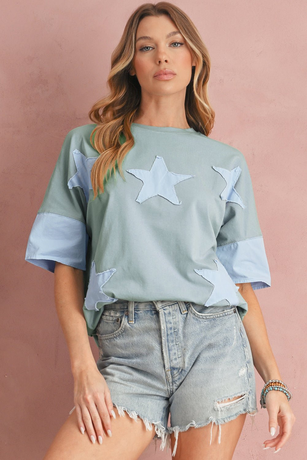 smoke green frayed denim star patched oversize t shirt - MAD RUFFI