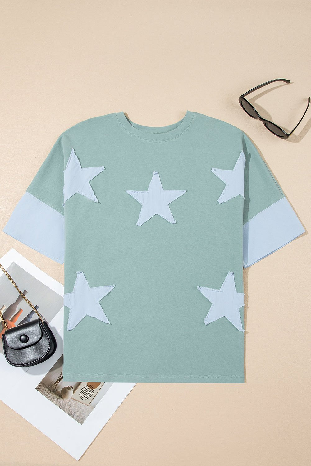smoke green frayed denim star patched oversize t shirt - MAD RUFFI