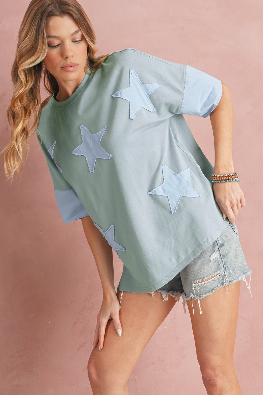 smoke green frayed denim star patched oversize t shirt - MAD RUFFI