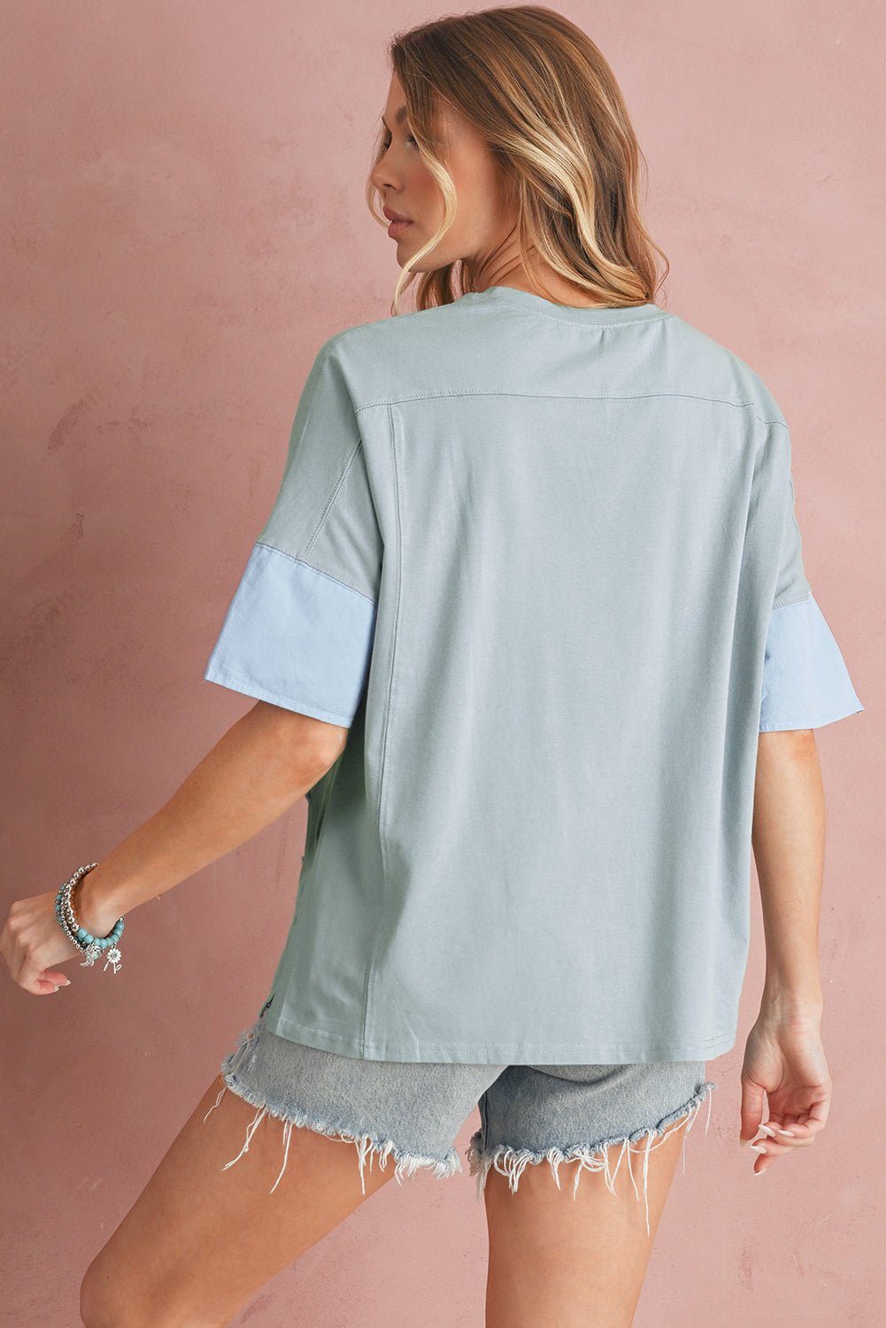 smoke green frayed denim star patched oversize t shirt - MAD RUFFI