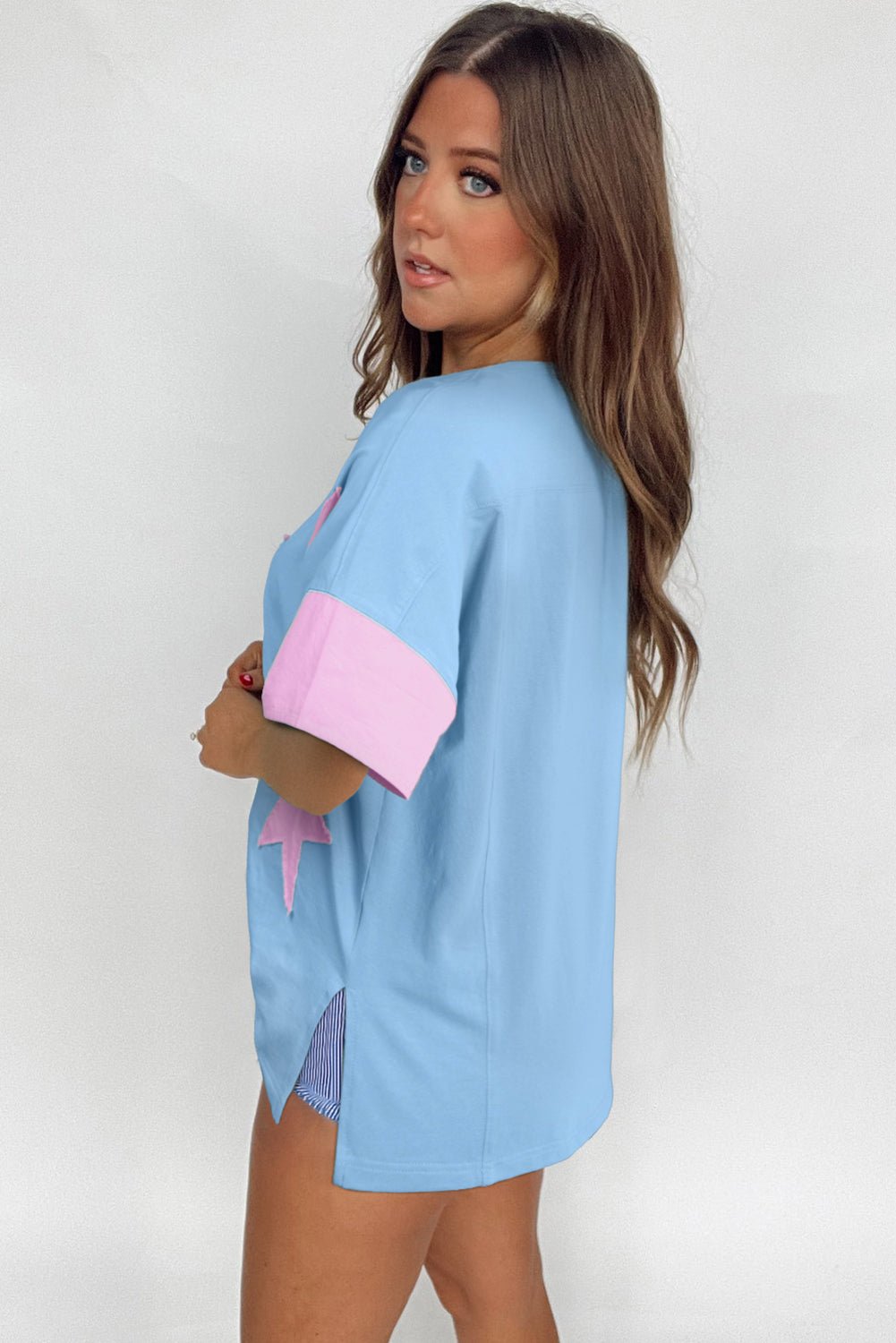 smoke green frayed denim star patched oversize t shirt - MAD RUFFI