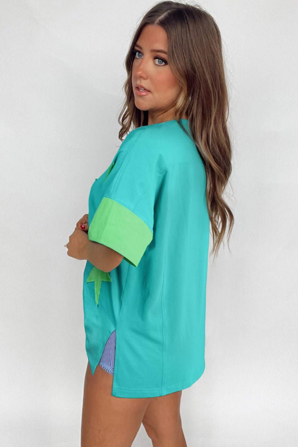 smoke green frayed denim star patched oversize t shirt - MAD RUFFI