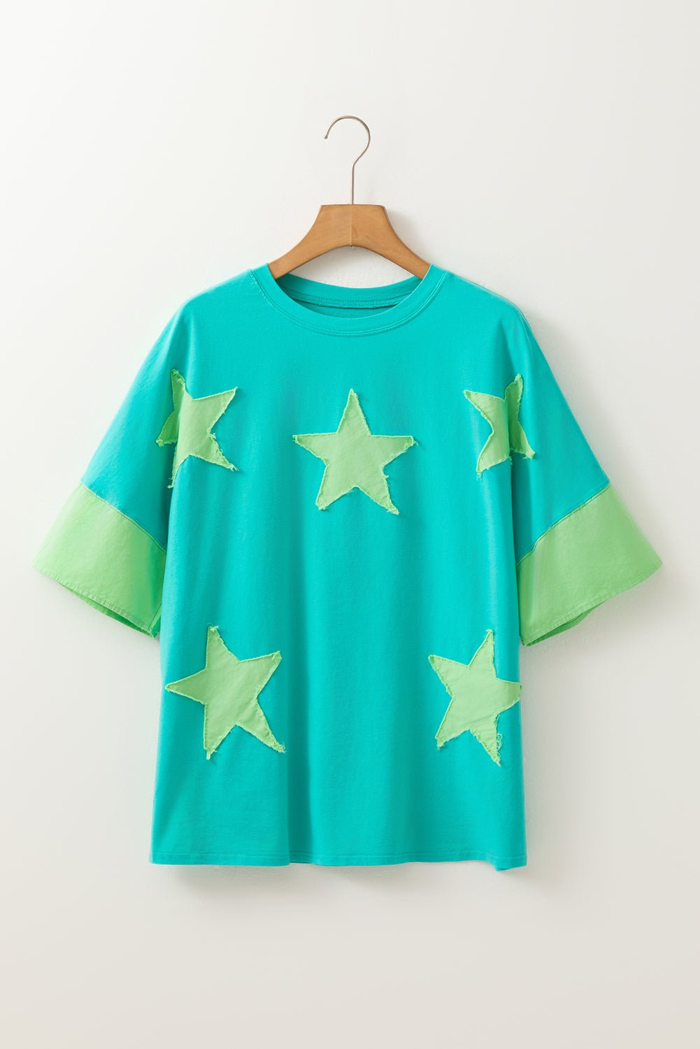 smoke green frayed denim star patched oversize t shirt - MAD RUFFI