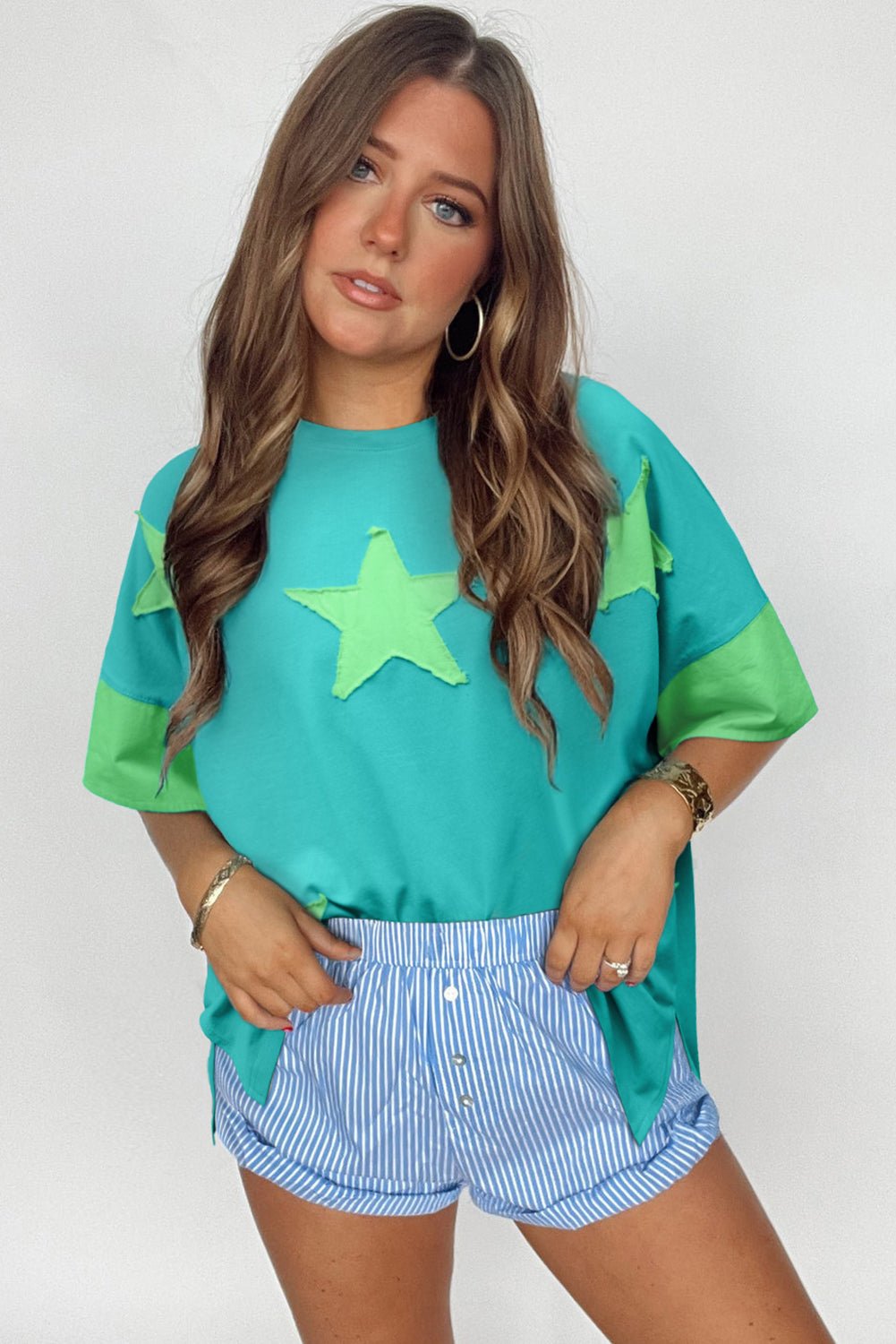 smoke green frayed denim star patched oversize t shirt - MAD RUFFI