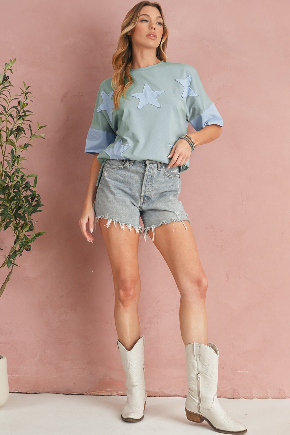 smoke green frayed denim star patched oversize t shirt - MAD RUFFI