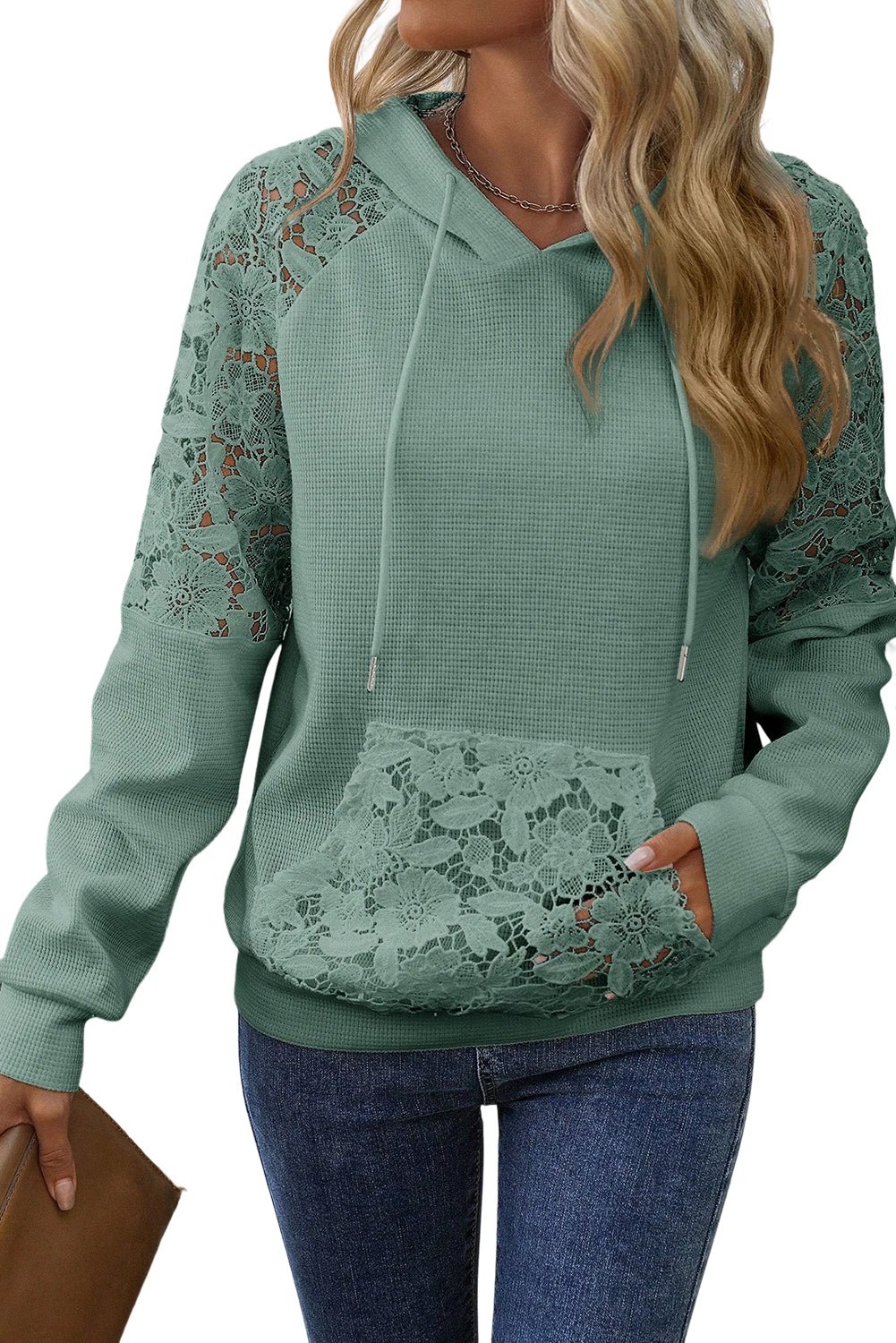 Smoke Green Lace Patchwork Raglan Sleeve Kangaroo Pocket Waffle Hoodie - MAD RUFFI