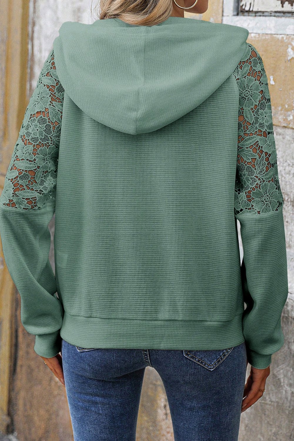 Smoke Green Lace Patchwork Raglan Sleeve Kangaroo Pocket Waffle Hoodie - MAD RUFFI