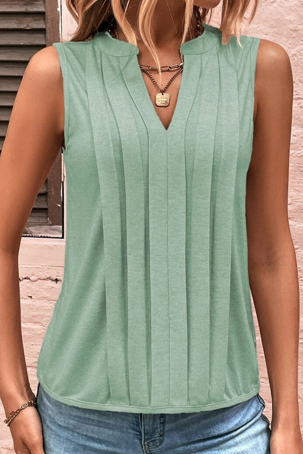 Smoke Green Pleated V Neck Vest - MAD RUFFI