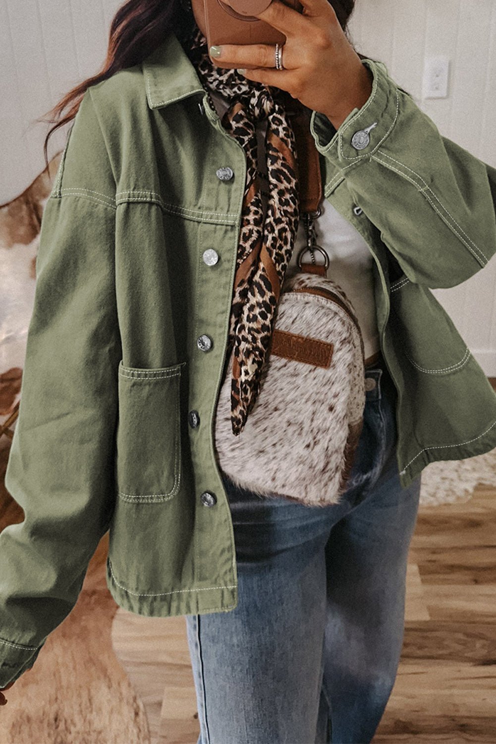 Smoke Green Pocket Collared Button Front Denim Jacket - MAD RUFFI