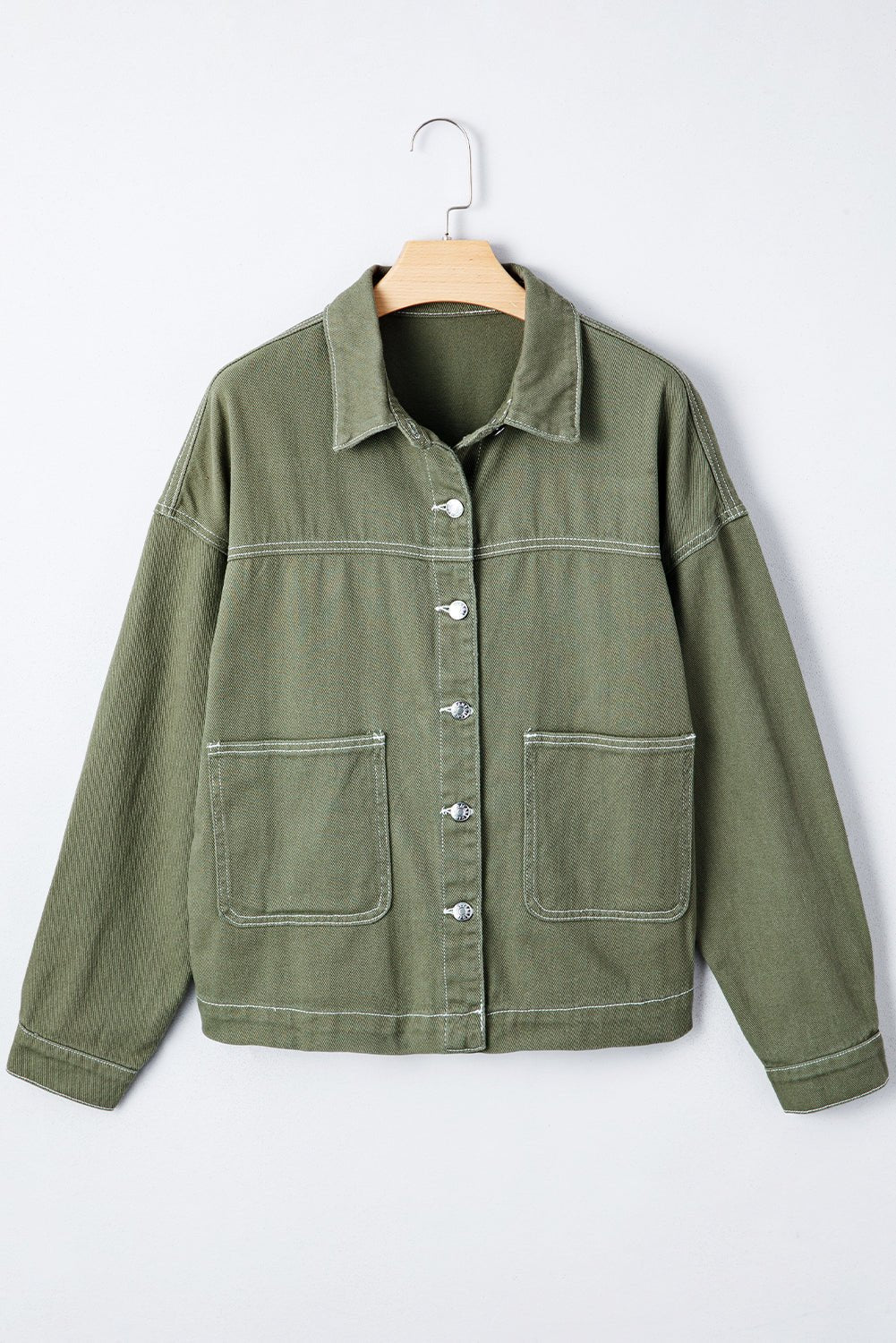 Smoke Green Pocket Collared Button Front Denim Jacket - MAD RUFFI