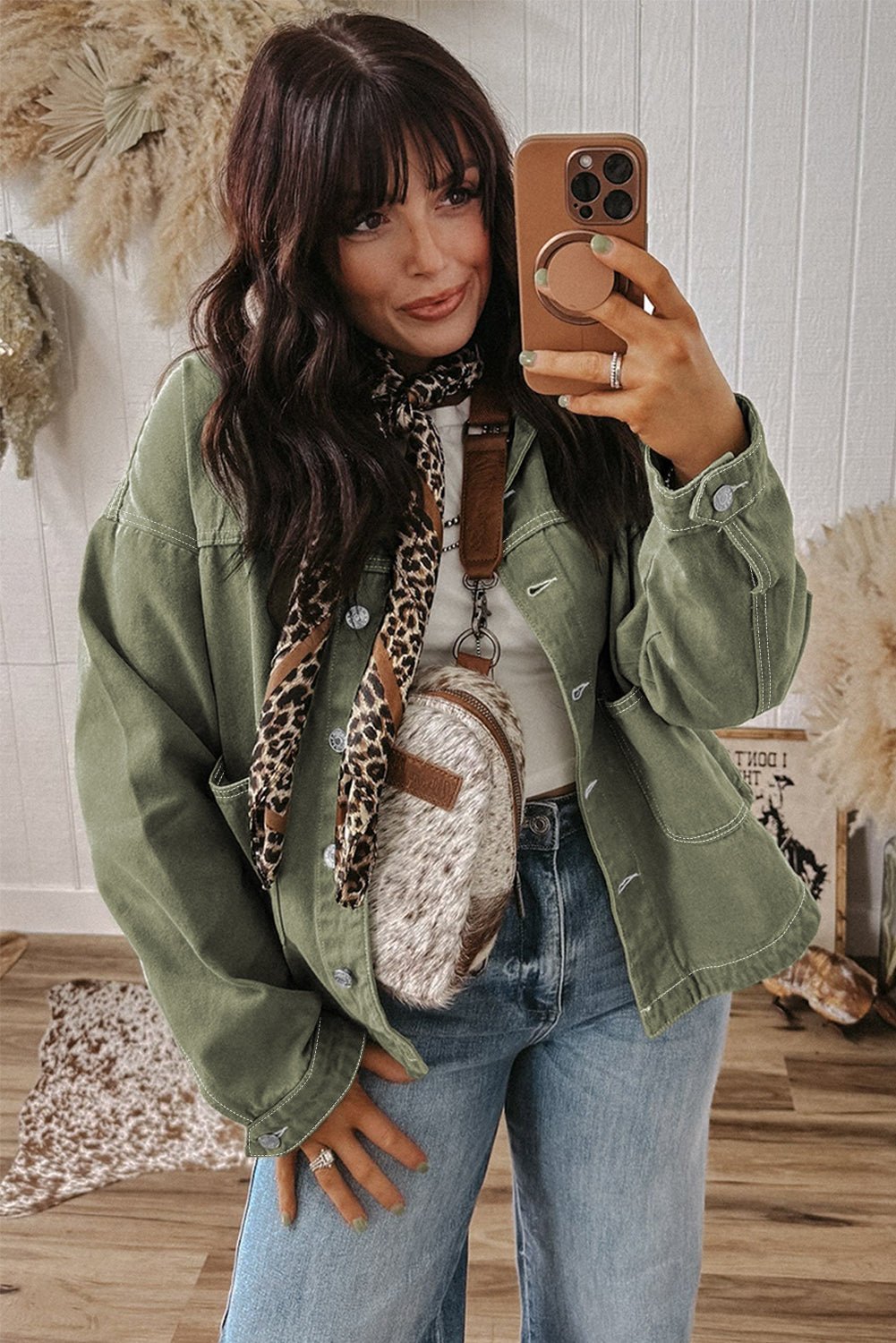 Smoke Green Pocket Collared Button Front Denim Jacket - MAD RUFFI