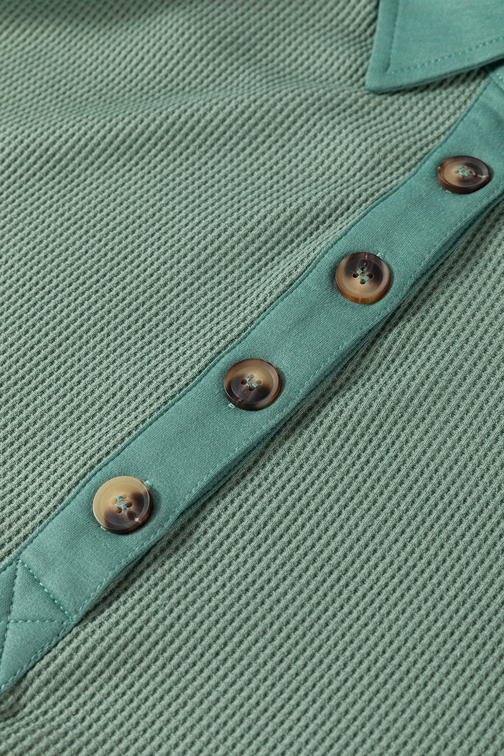 Smoke Green Waffle Patchwork Drop Sleeve Henley Top - MAD RUFFI