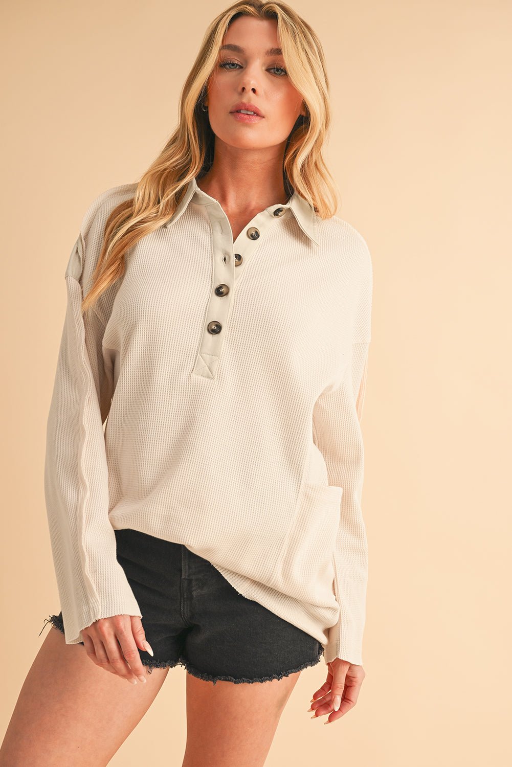 Smoke Green Waffle Patchwork Drop Sleeve Henley Top - MAD RUFFI