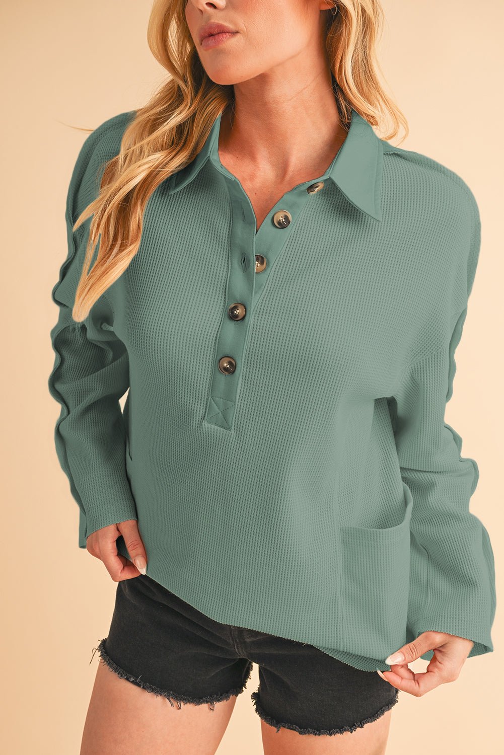 Smoke Green Waffle Patchwork Drop Sleeve Henley Top - MAD RUFFI