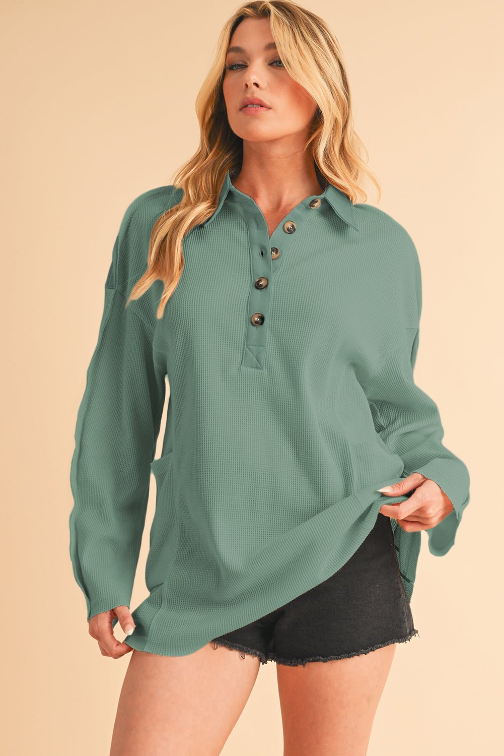 Smoke Green Waffle Patchwork Drop Sleeve Henley Top - MAD RUFFI