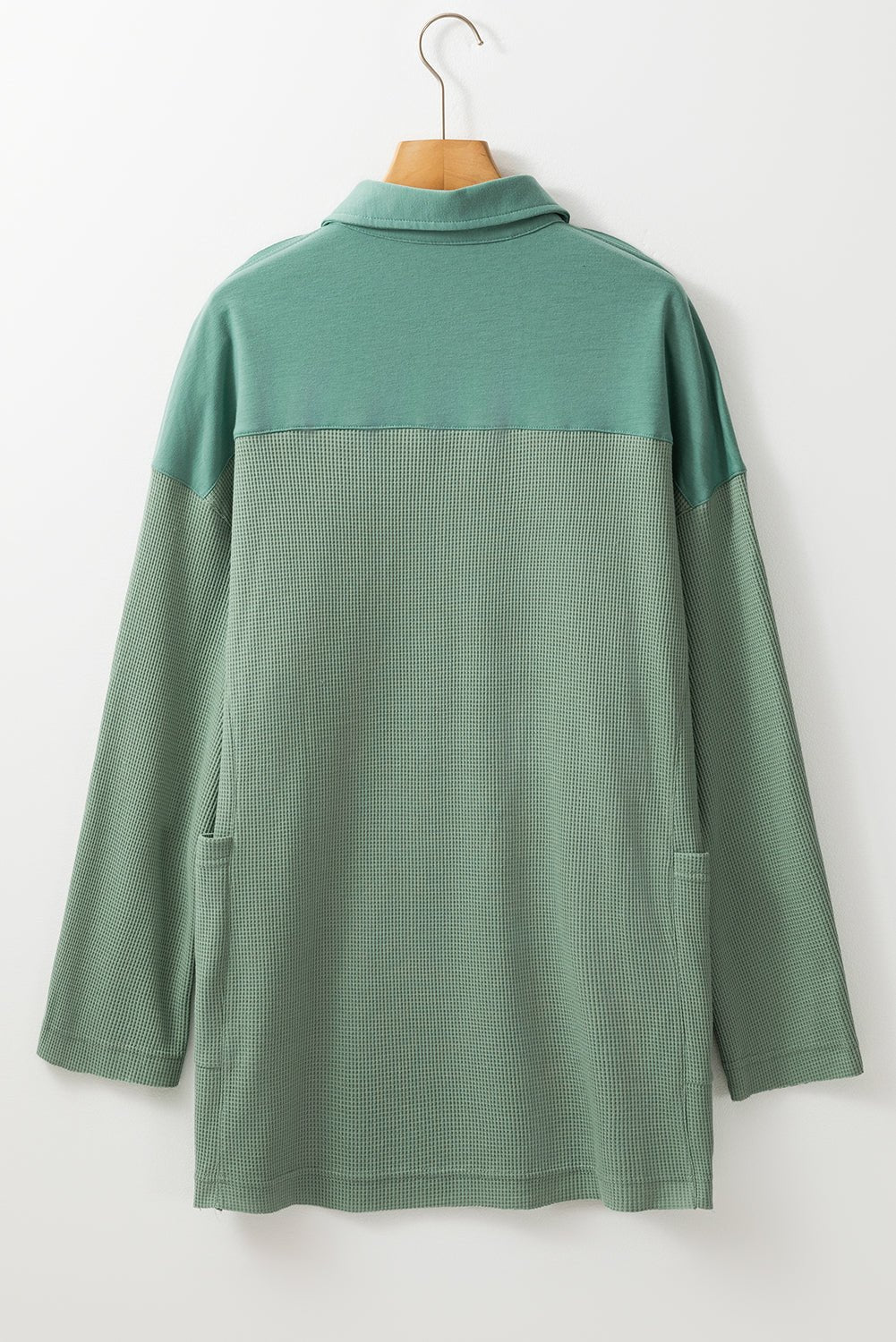 Smoke Green Waffle Patchwork Drop Sleeve Henley Top - MAD RUFFI