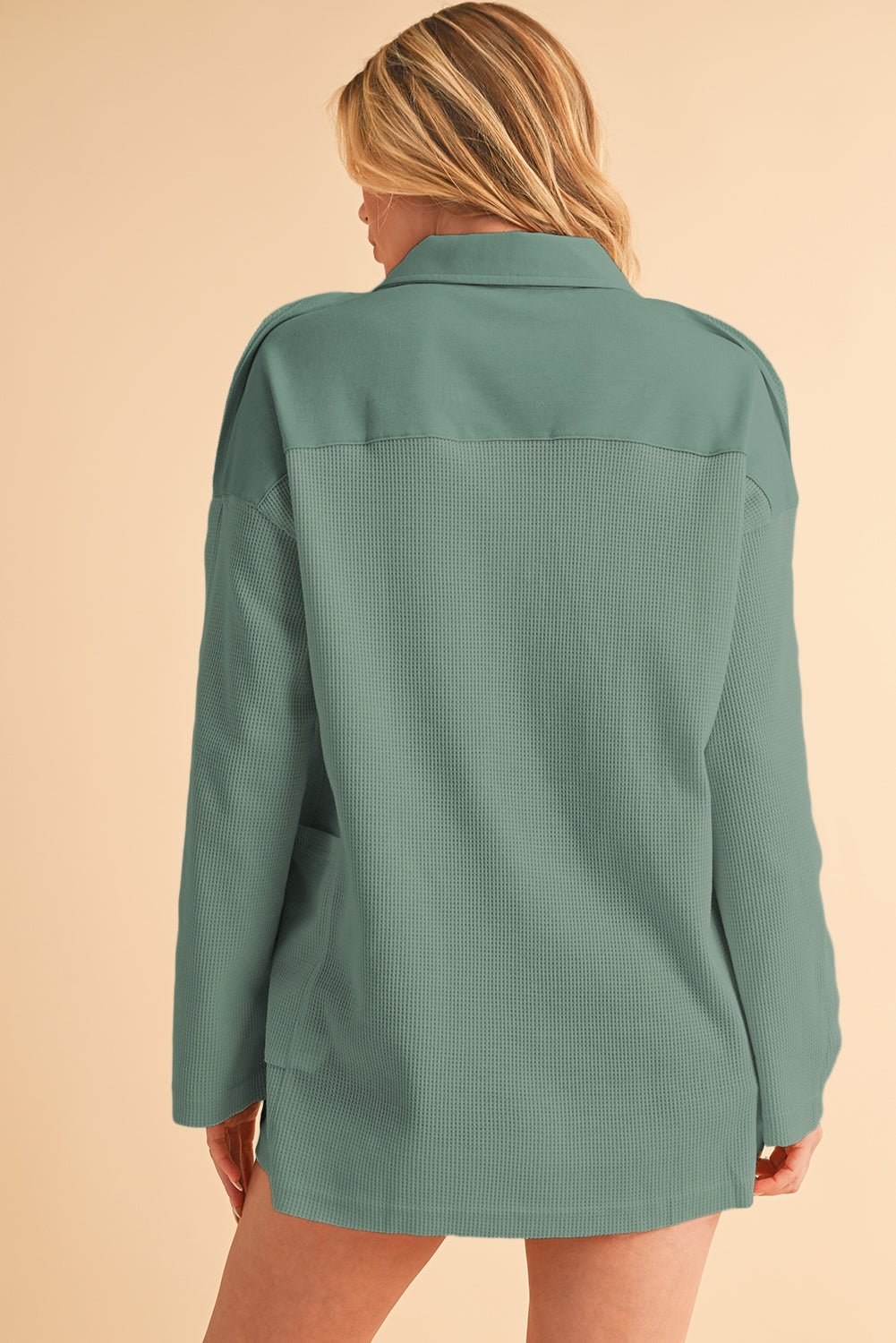 Smoke Green Waffle Patchwork Drop Sleeve Henley Top - MAD RUFFI