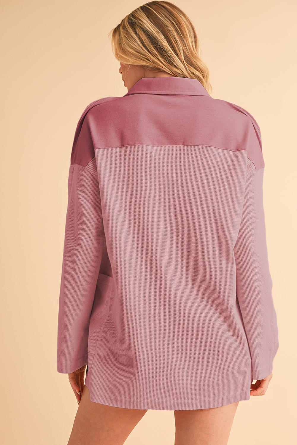 Smoke Green Waffle Patchwork Drop Sleeve Henley Top - MAD RUFFI