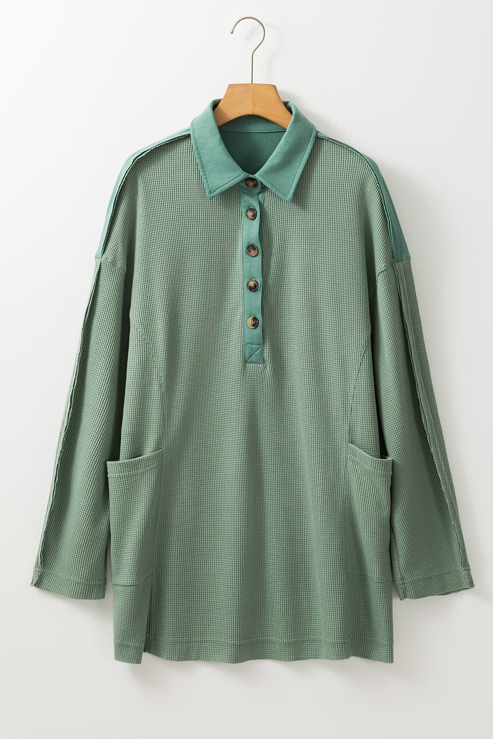 Smoke Green Waffle Patchwork Drop Sleeve Henley Top - MAD RUFFI