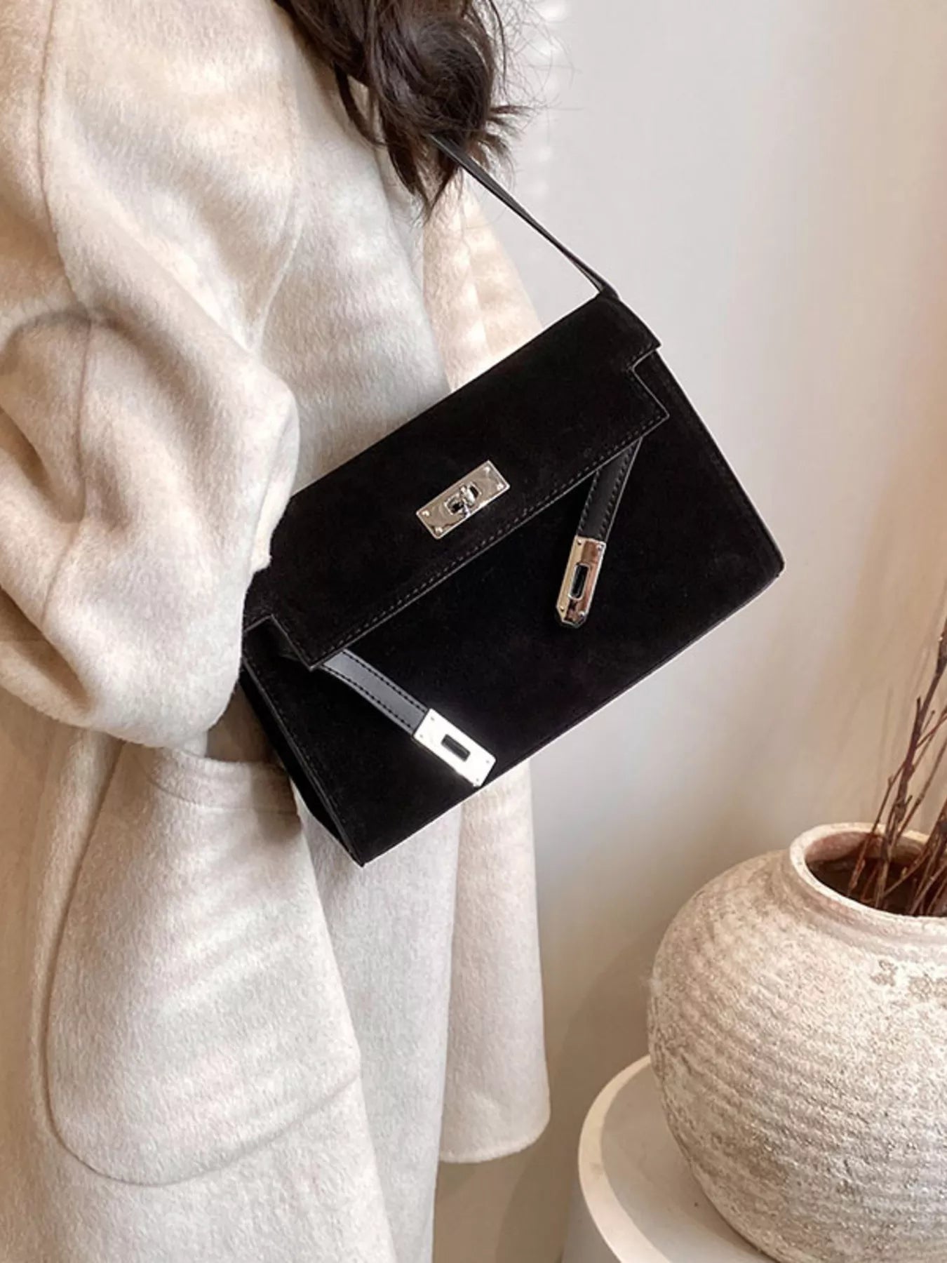 Solid Color Buckle Shoulder Bag - MAD RUFFI