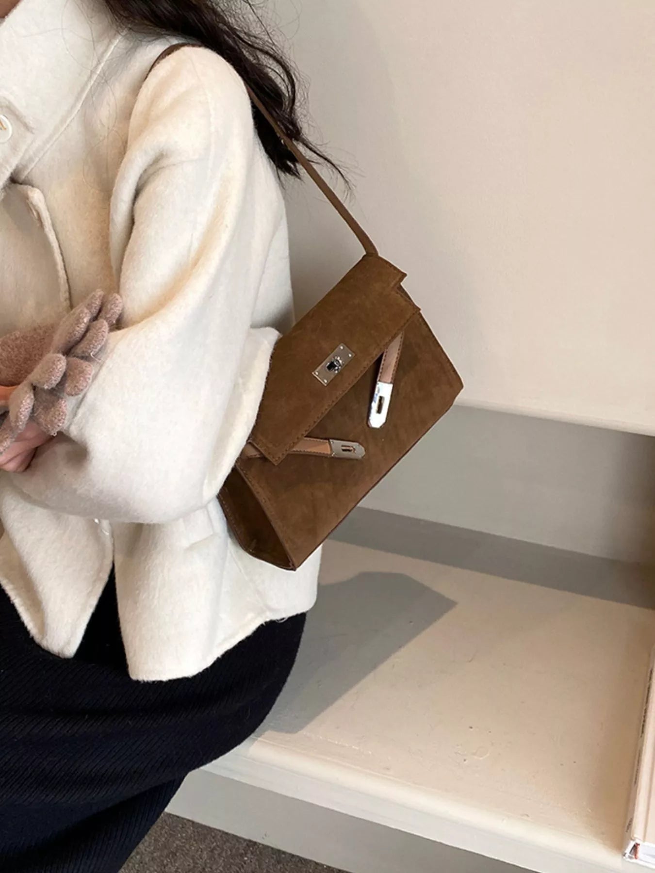 Solid Color Buckle Shoulder Bag - MAD RUFFI