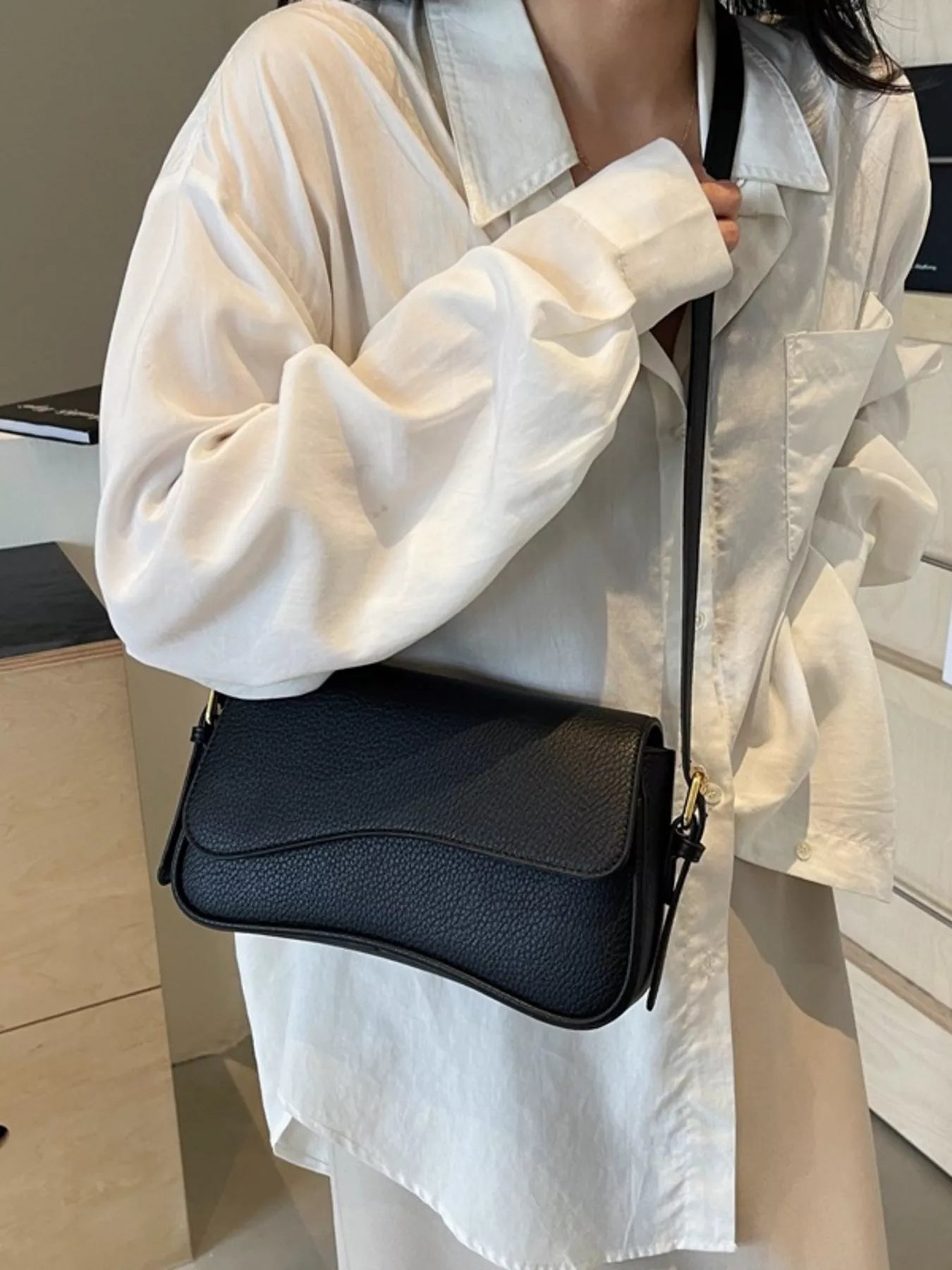 Solid Color Leather Crossbody Bag - MAD RUFFI