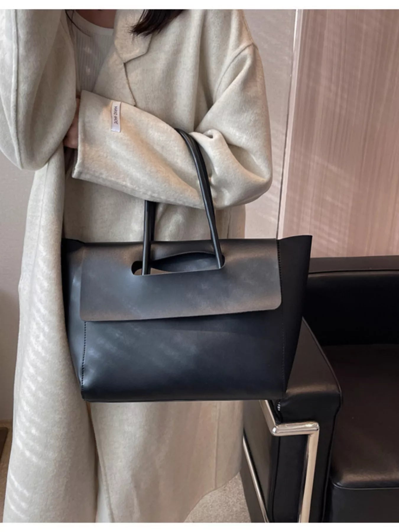 Solid Color Leather Handbag - MAD RUFFI