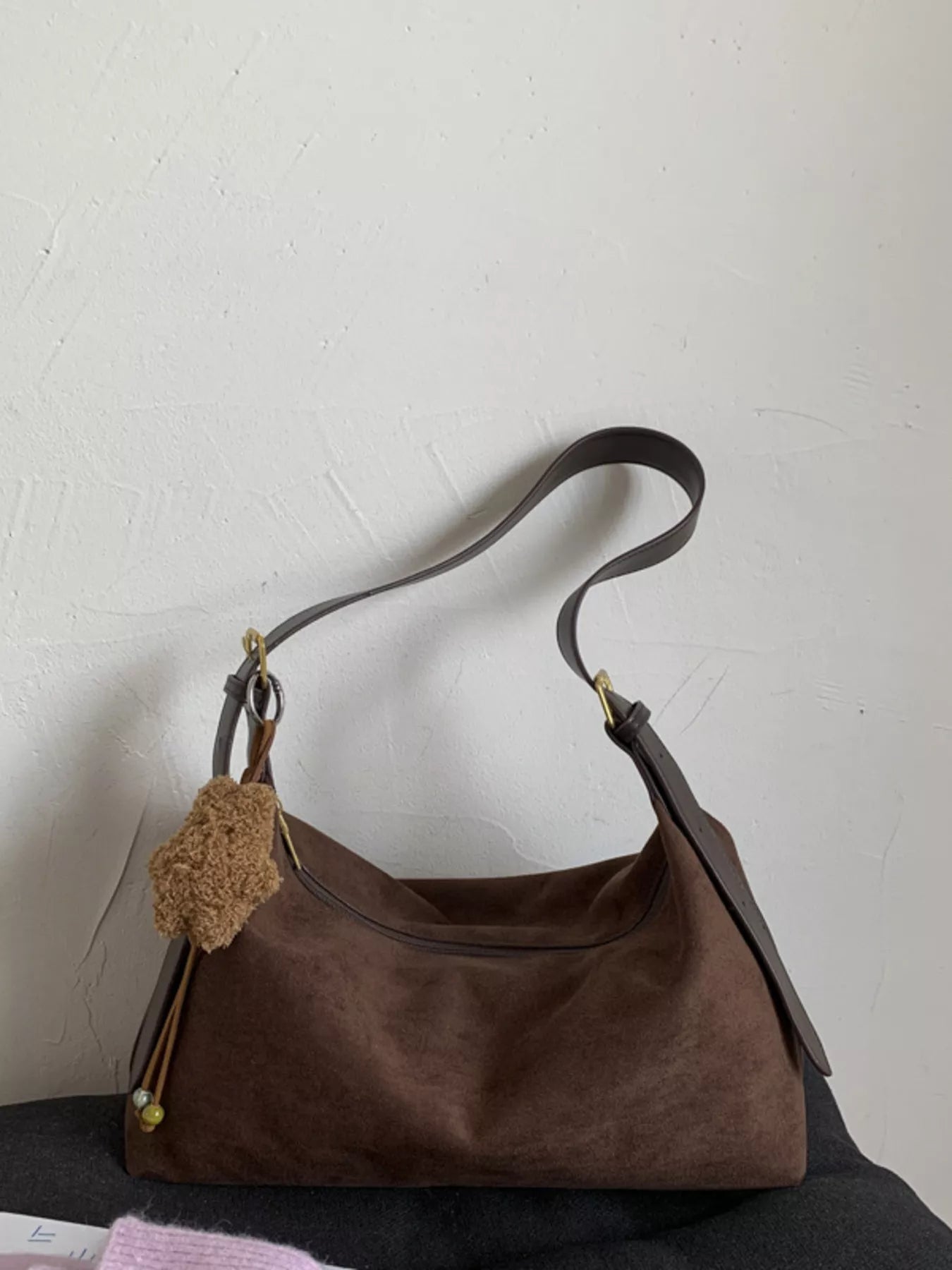 Solid Color Suede Hobo Crossbody Bag - MAD RUFFI