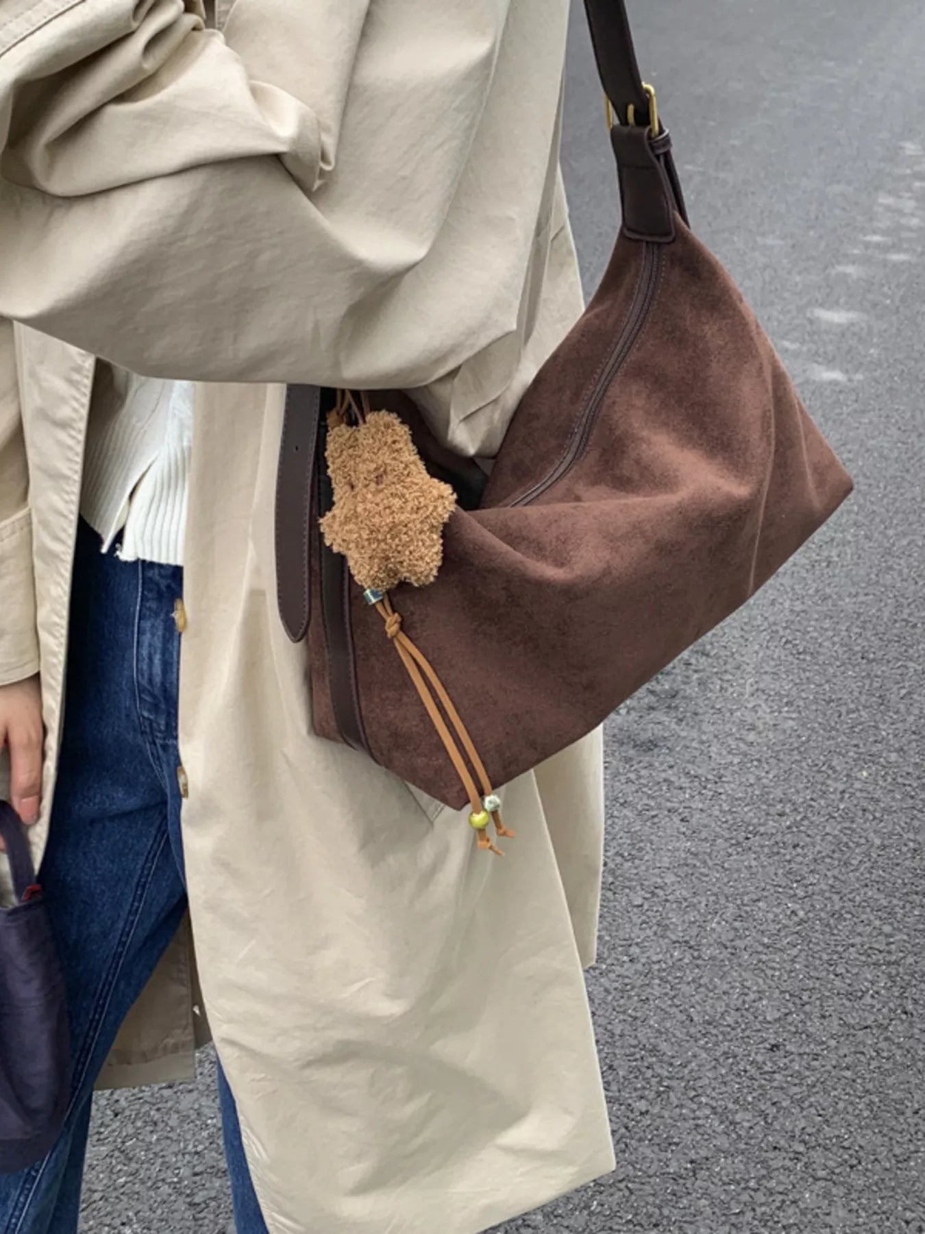 Solid Color Suede Hobo Crossbody Bag - MAD RUFFI