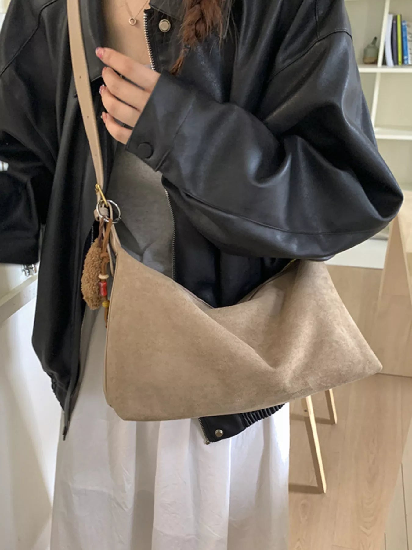 Solid Color Suede Hobo Crossbody Bag - MAD RUFFI