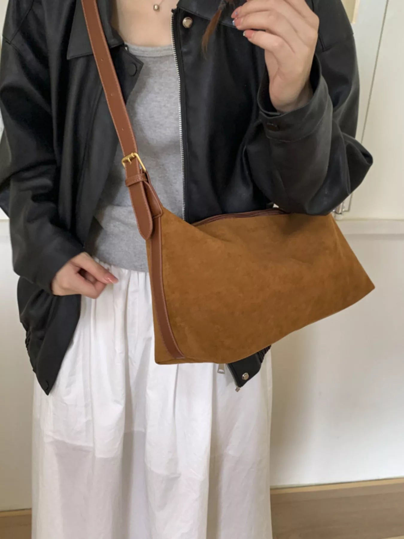 Solid Color Suede Hobo Crossbody Bag - MAD RUFFI
