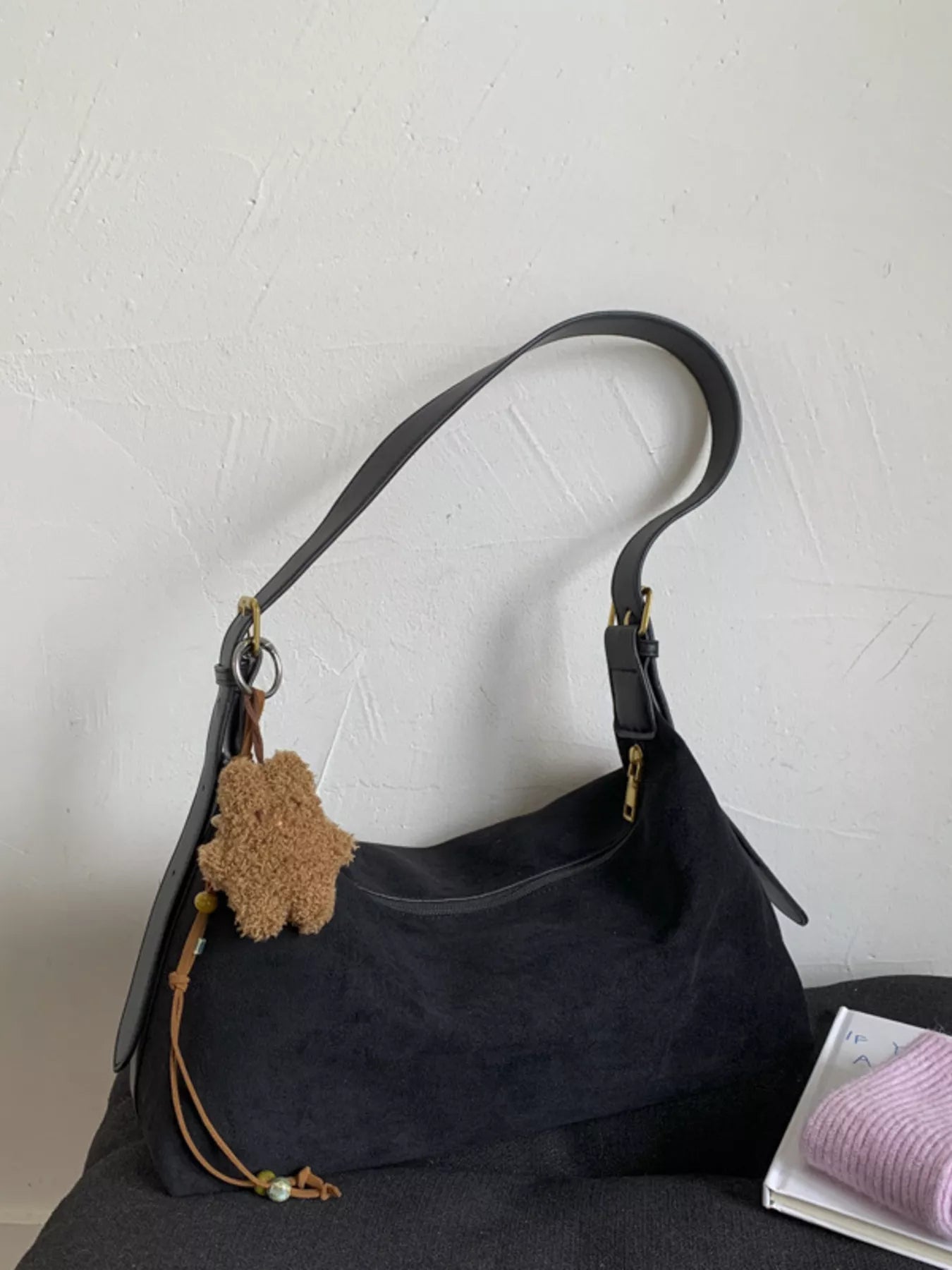 Solid Color Suede Hobo Crossbody Bag - MAD RUFFI